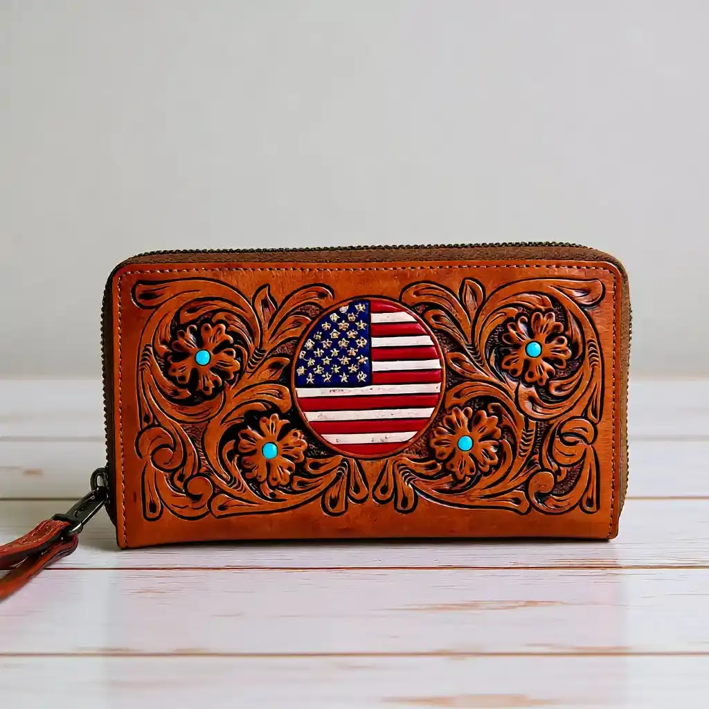Women's America 250 Flag Leather Wallet Purse - Zipper Wallet Design, Traditional Art Collectibles, Luggage & Bags Accessory for Everyday Carry