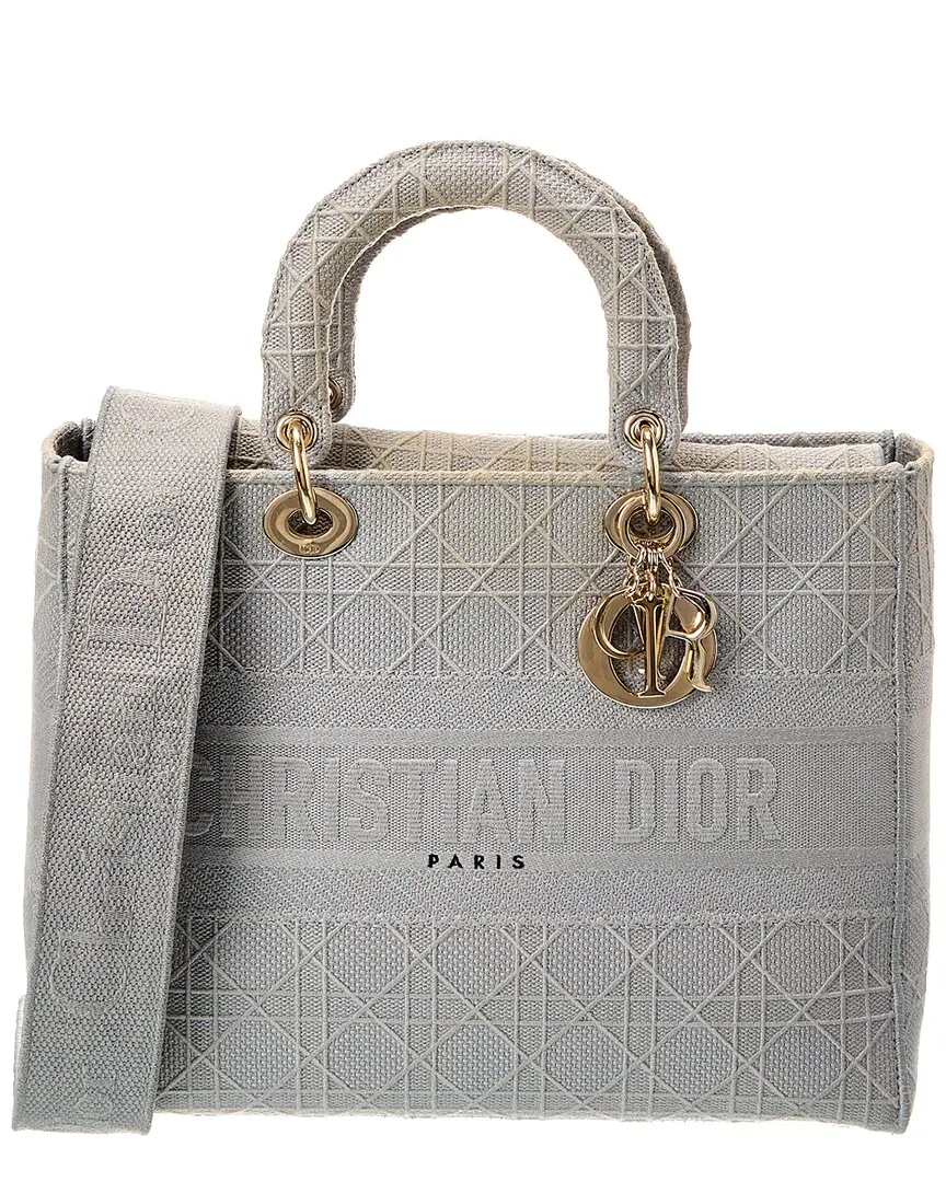 Dior Gray Canvas Embroidered Cannage Leather Lady D-Lite (Authentic Pre-Loved)