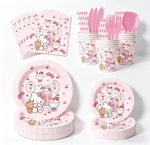Sanrio Hello Kitty-themed 8-piece Birthday Party Set - Pink Plates Cups Napkins & Cutlery for a Fun Celebration