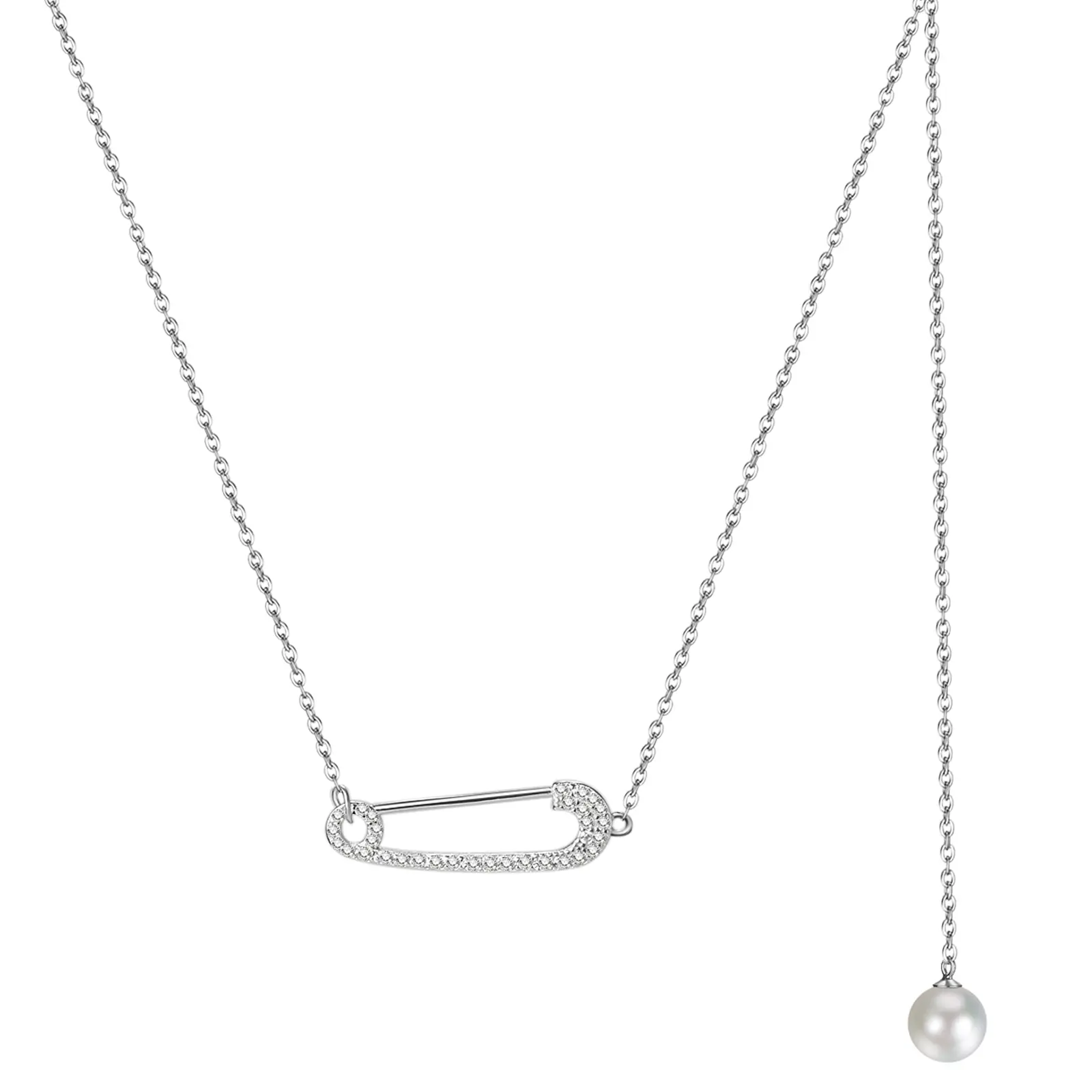 OIDEA Sterling Silver-Tone Carabiner Safety Pin Necklace with Shell Pearl, Independent Chain & Premium Rhinestones, Carabiner Necklaces