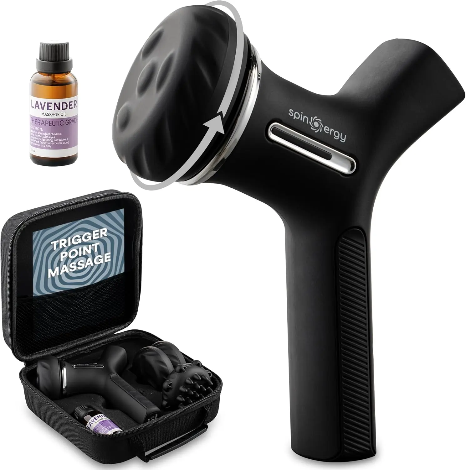 LifePro Spinergy Rotating Massage Gun – Lymphatic Drainage and Back Pain Relief | Whole Body Recovery Massaging Device | Soothing Relaxing Lavender Oil Included | Mimics Manual Massage | Non-Percussion | 4 Heads