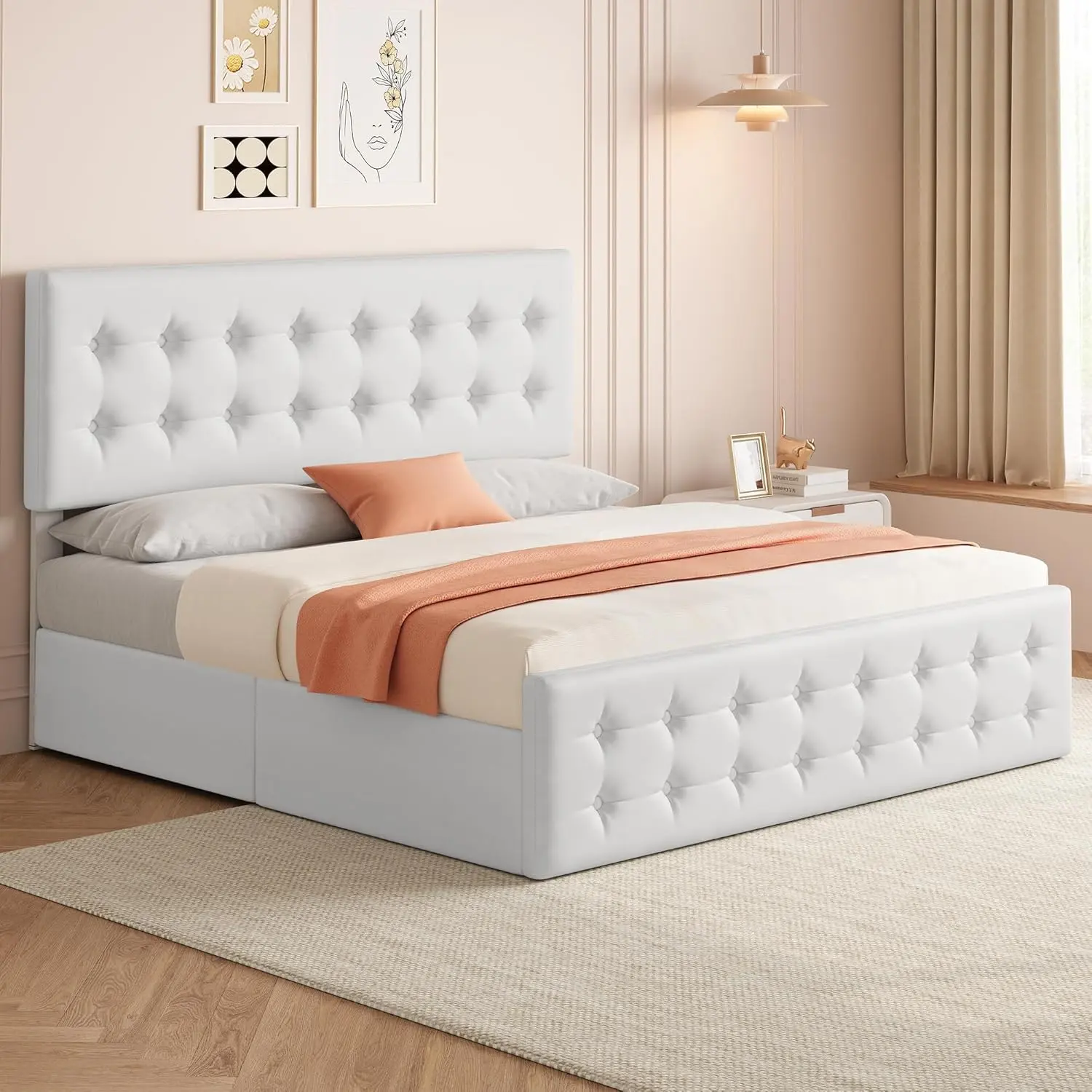 White King Size PU Leather Upholstered Adjustable Platform Bed Frame with Tufted Button Headboard, 4 Storage Drawers, Wooden Slats Support, No Box Spring Needed, Adjustable Bed Frame