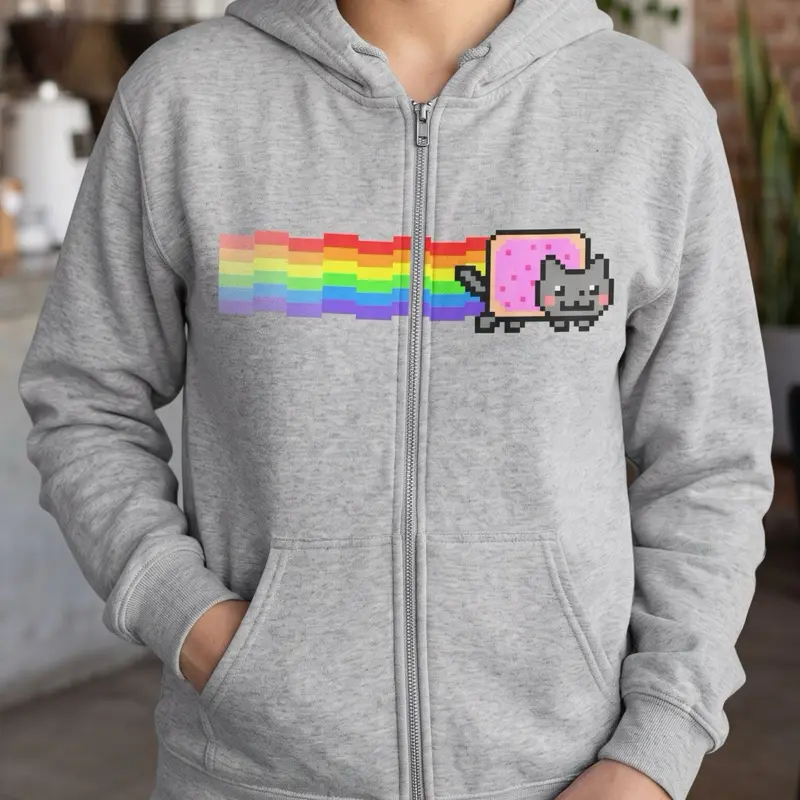 Pixel Cat Pop-Tart with Rainbow Trail Hoodie | Zip Sweatshirt Nyan Cat Scene Emo Y2k Alternative Swag