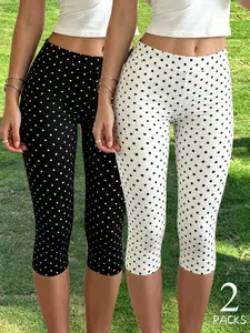 2 Pack Women's Capri Leggings, Boho Summer Outfits, Polka Dot & Gingham Print High Waist Capris, Casual Streetwear Cropped Pants for Workout, Daily and Beach Wear