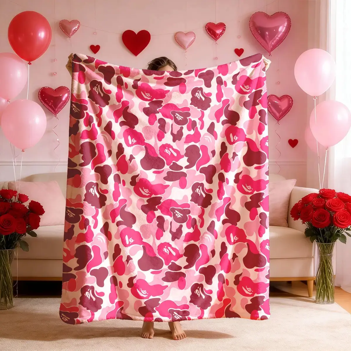Flannel Blanket Camo Theme, Large Size, Soft Lightweight Warm, Perfect for Bed Sofa Office Camping Travel, Valentine's Day Gift, Soft Fluffy Camouflage Flannel Blanket