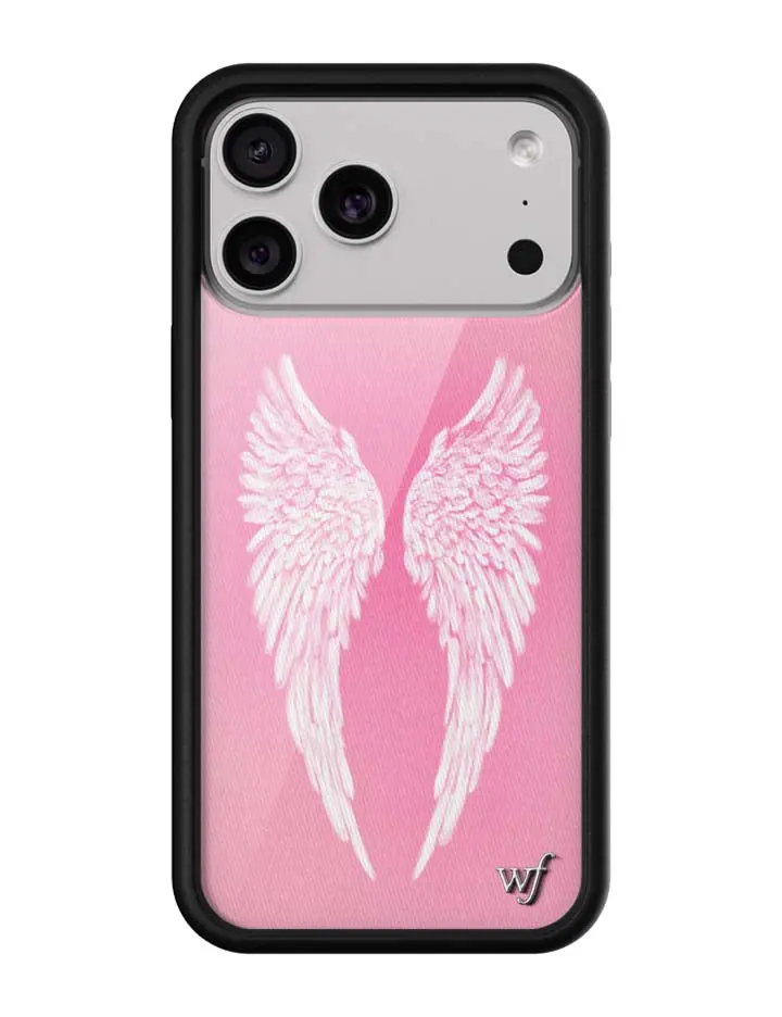 Angel Baby | Limited Edition Trendy Collab iPhone Case | Raised Protective Black Bumper | Women Owned Small Business | White Feather Angel Wings with Pink Background | Safety Casing Protective | Gift for Her