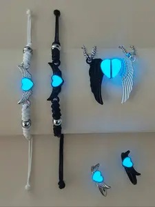 Night Glow Heart Wing Couple Necklace Set, Cute Love Pendant Bracelet Ring Jewelry Gift for Him Her, Romantic Valentine's Day Present