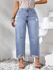 Plus Size Women's Ripped Washed Denim Jeans, Loose Fit Casual Daily Wear, Comfortable and Stylish, Perfect for Everyday Use, Pocket