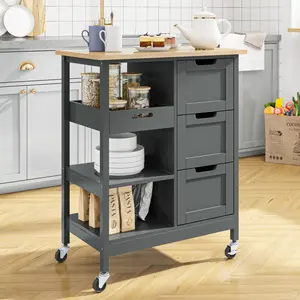 Yitahome Small Solid Wood Top Kitchen Island Cart on Wheels with Storage, Rolling Portable Dining Room Serving Utility Carts Mobile Movable with 3 Drawers Cabinet