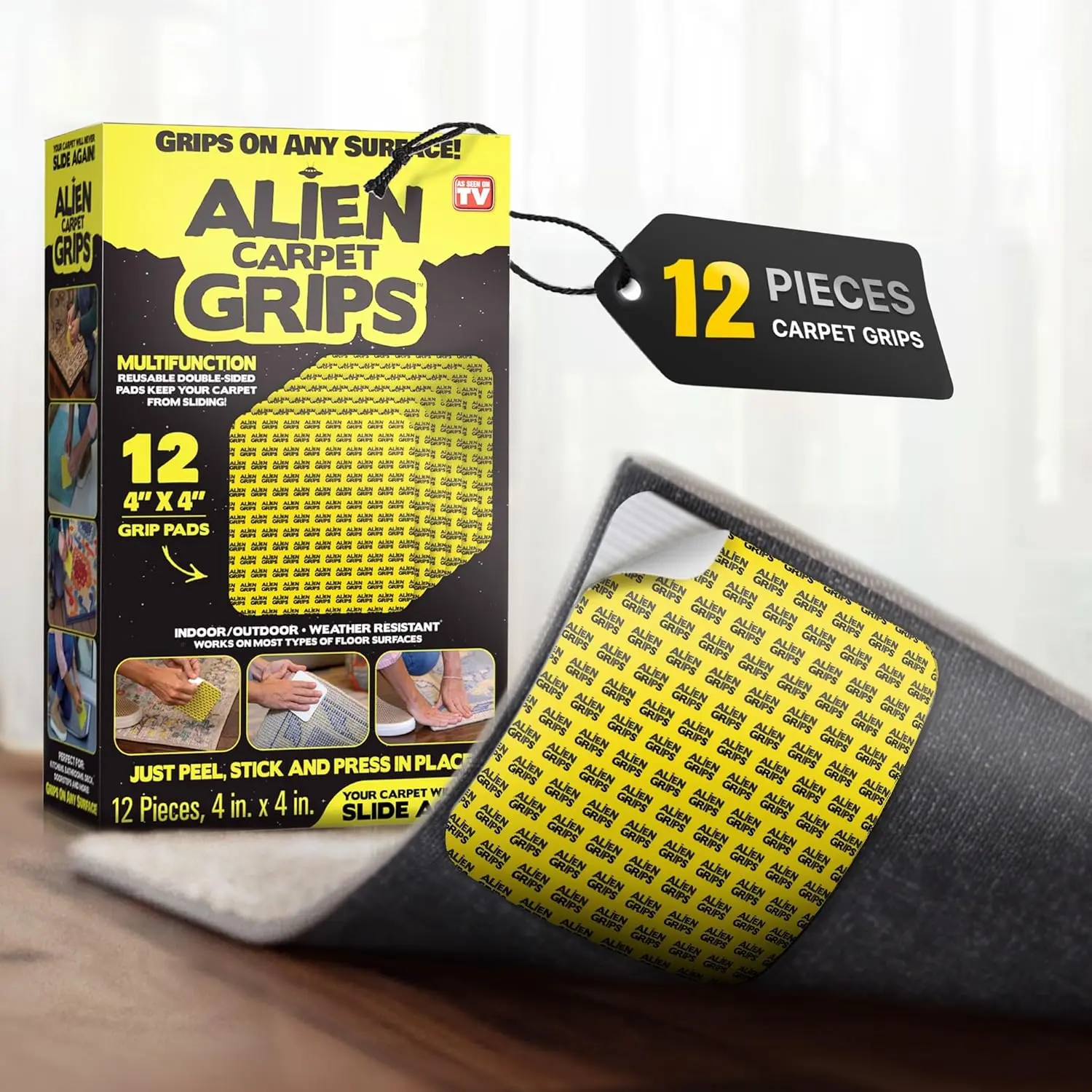 Alien Rug Grips Carpet Tape – 12pcs, 4x4 in. Reusable Double-Sided Pads for Hardwood and Tile Floors, Non-Slip Corner Rug Pads