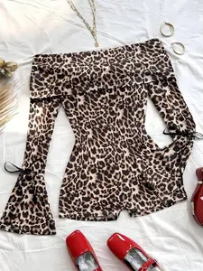 Women's Vacation Knitted Leopard Print Off-Shoulder Long Sleeve Bell Sleeve Bow Romper Jumpsuit Casual, Stylish and Comfortable One-Piece