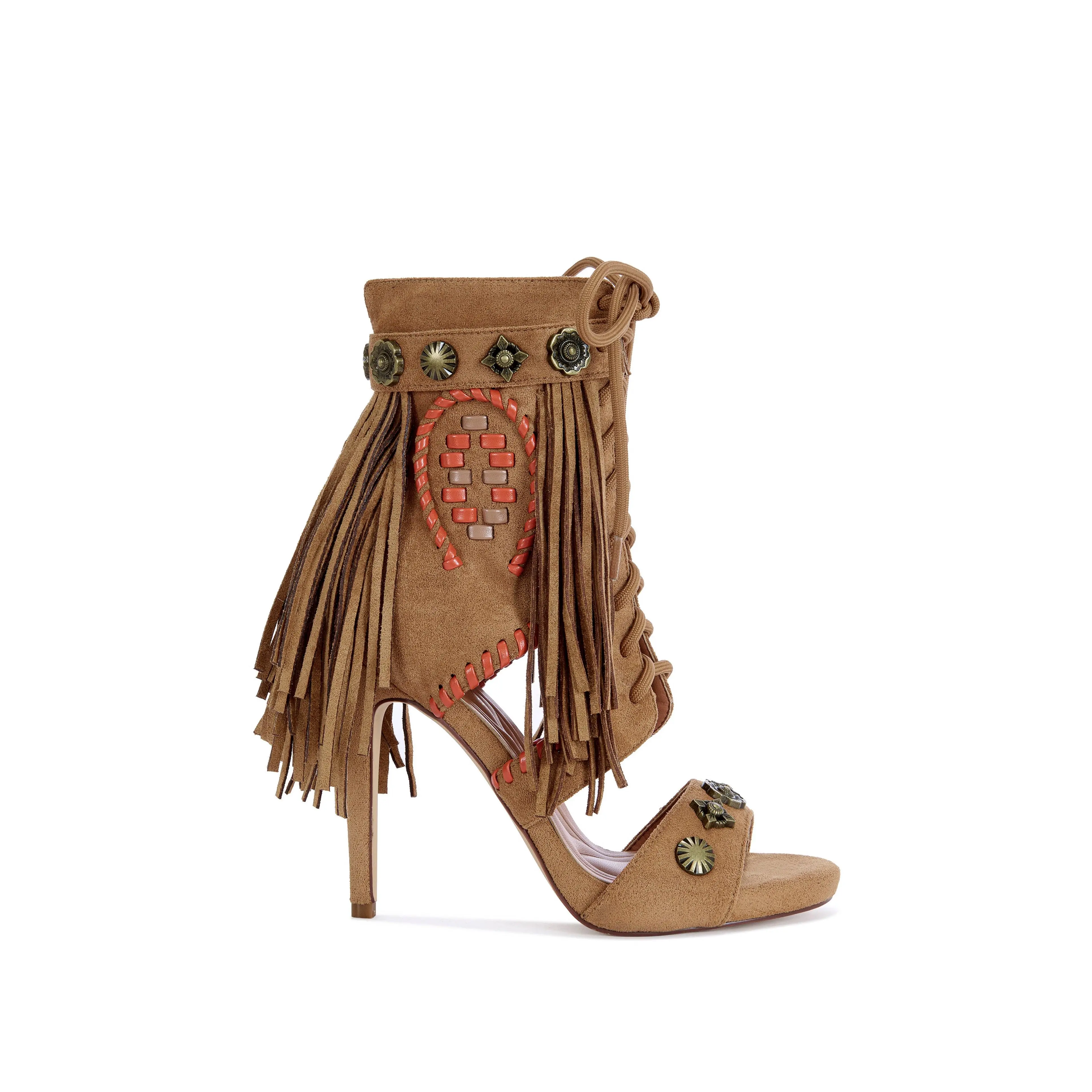 SALGADO-TAN FRINGE STILETTO GLADIATOR SANDAL
