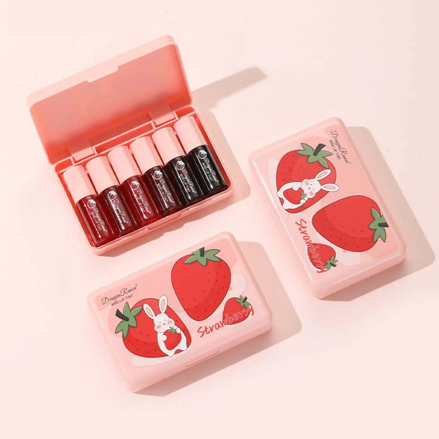 Korean Lip Gloss for Women 6 Colors Lip Tint Stain Mini Liquid Lipstick Lightweight Non-Stick Cup High Pigment Long Lasting Vivid Color Strawberry Heart
