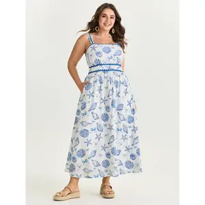 BLOOMCHIC Women's Plus Size Casual Wear Bohemian Seashell Print Maxi Dress - Supersoft Polyester-Rayon Fabric Swimweek