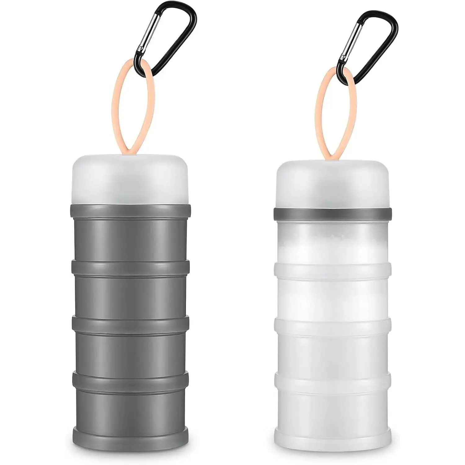 Gray & White Plastic Protein Powder Canisters - 2-Pc Set of 4 Stackable, Leakproof Dispensers with Funnels, Stand, Portable Keychain Storage for Workout, Travel, Canister