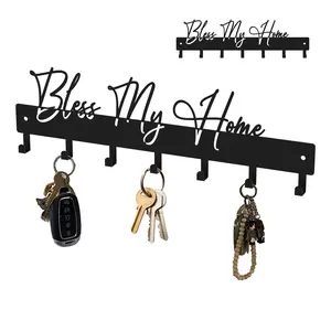 Exquisite Fashion Phrase Key Holder Wall Mount,Bless My Home Key Kooks for Wall Decoration,Black Metal Key Hanger with 7 Kooks for Entryway,Office,Living Room Decor
