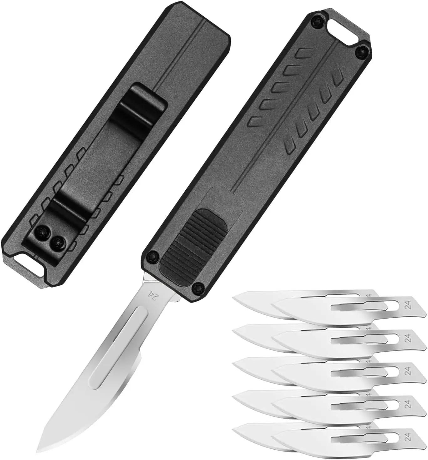NEXSEN Aluminium Alloy Pocket Knife，EDC Retractable Scalpel Knife,Scalpel Pocket Knife with 10PCS #24 Blades，Small Keychain Knives for Women Men（Black）