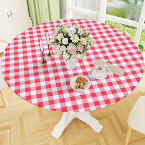 1pc Round Grid Table Cover, Vinyl Waterproof Oil-Resistant Easy-Clean, Non-Slip Tablecloth, Elastic Edge Flannel Backing, Indoor Outdoor Use