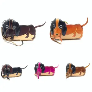 Handmade Vintage Genuine Leather 3D Dog Animal Dachshund Coin Purse With Removable Wrist Strap