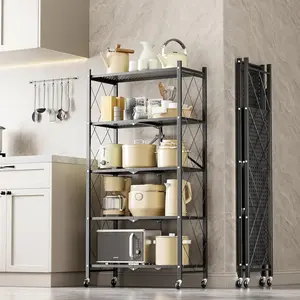 Metal Storage Shelves, 5 Tier Folding Storage Shelves on Wheels, Heavy Duty Collapsible Shelving Unit, No Assembly Storage Rack for Kitchen, Basement, Pantry (Grey,1 Pack) Organiser bathroom organizer shoe cabinet storage dish drying rack