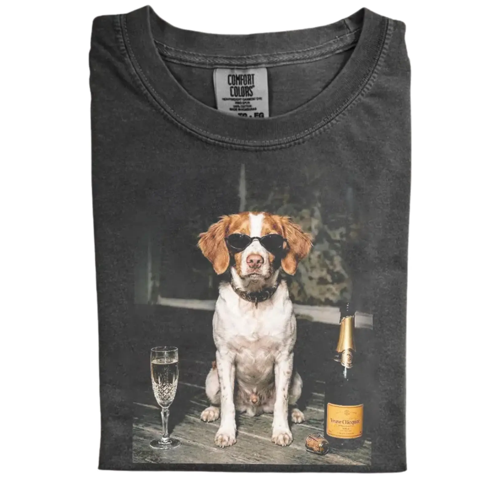 Funny Brittany Spaniel Drinking Champagne T-Shirt, Cool Sunglasses Dog Graphic Tee, Luxury Celebration Party Design, Unisex Fit Design, Gift for Brittany Spaniel Lovers