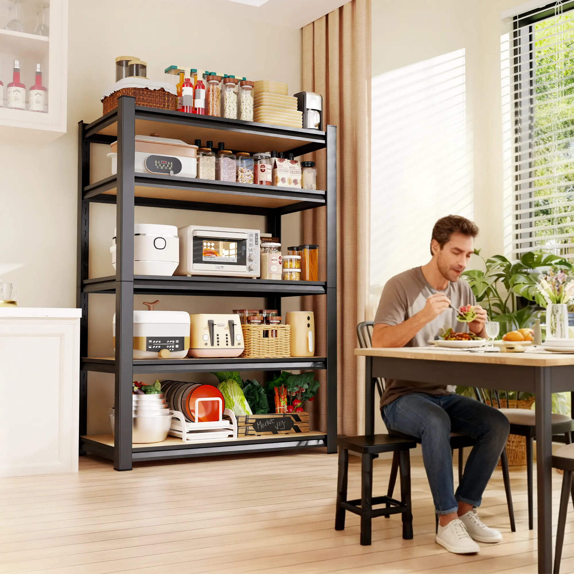 MDF metal storage rack, available in 3-tier and 5-tier options, with 5 size choices; adjustable garage shelving unit for storage—suitable for craft storage, storage rooms, basements, kitchen cabinet organization tools, and storage racks; a dorm essential