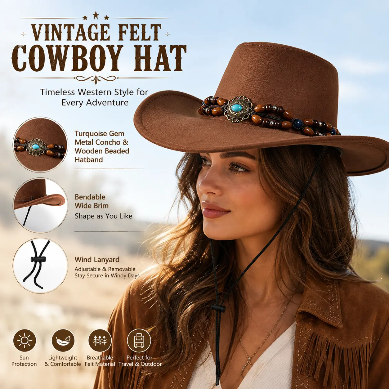Women Vintage Felt Western Cowboy Cowgirl Hat, Turquoise Gem Metal Concho Wooden Beaded Hatband Bendable Wide Brim Sun Hat With Wind Lanyard For Rodeo Outdoor Party Travel