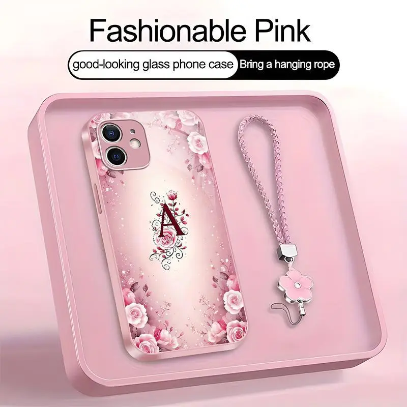 Suitable for [iPhone 12 Mini] high-end women's phone case🤩，a beautiful four-leaf clover lanyard is included🍀，a free four-leaf clover lanyard is included, with 26 letters of the alphabet to choose from and  exquisite Rose flower patterns 952