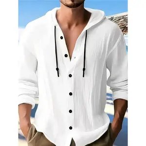 Men'S Casual Hooded Long Sleeve Shirt - Button-Up, Pure White with Drawstring, Lightweight Breathable Minimalist Design for Spring/Summer