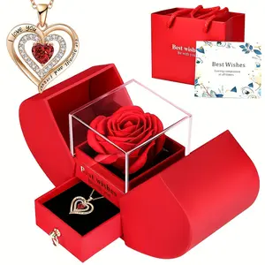 2 Piece Rose Gift Box Set with Heart Charm Elegant Necklace, Romantic Jewelry For Wife Girlfriend Lover Grandma Friends, Ideal Birthday Valentine's Day Christmas Mother's Day Gift, Fashion Necklace & Ring Accessories, Best Wishes