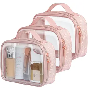TSA Approved Clear Toiletry Bag - Floral Lace Makeup Organizer | 180° Opening, 0.5mm Thick PVC, Fits 3-1-1 Liquids Travel Essentials Zipper