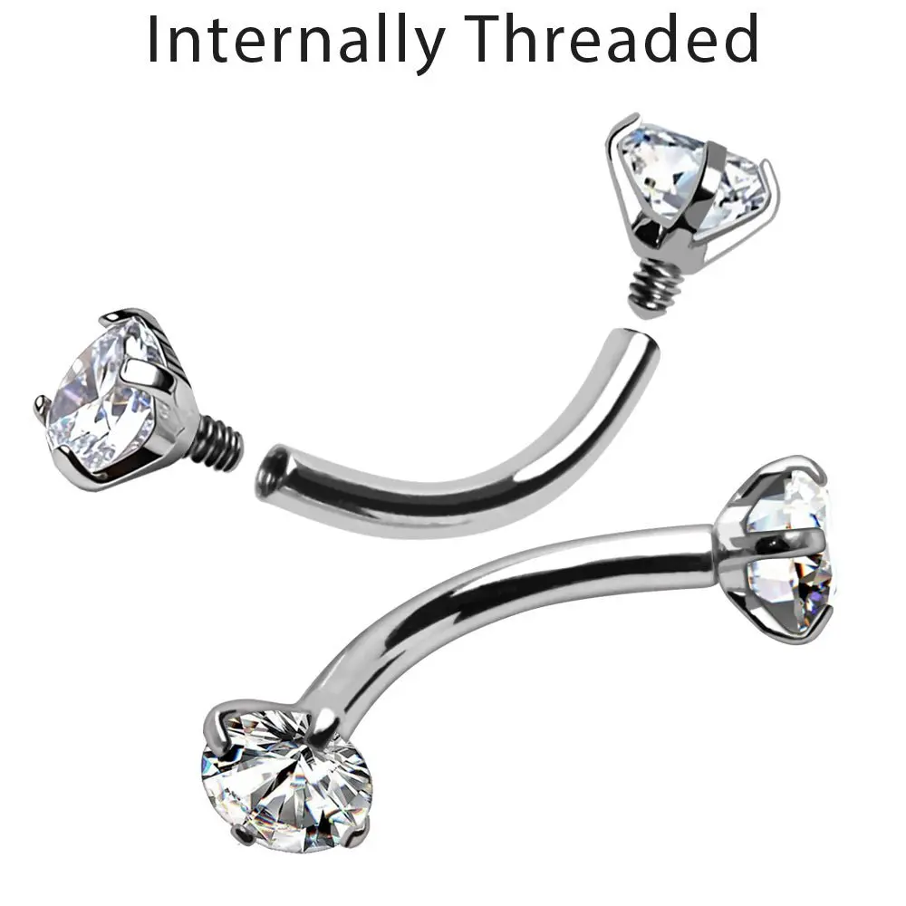 316L Surgical Steel Internally Threaded Prong Set CZ Curved Barbell