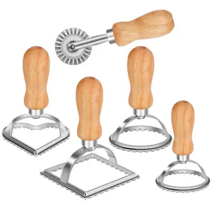 Ravioli Maker Stamp Cutter with Roller Wheel Set Pasta Maker Mold with Wooden Handle and Fluted Edge Ravioli Cutter and Press Stamp for Pasta Dumplings Lasagna Pierogi