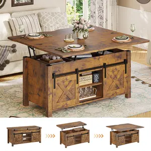 Sikaic 4-in-1 Multi-Function Lift-Top Coffee Table with Storage & Hidden Compartment, Brown Barn-Style Farmhouse Living Room Furniture for Living Room Decor & Gaming Use, Gaming Coffee Tables