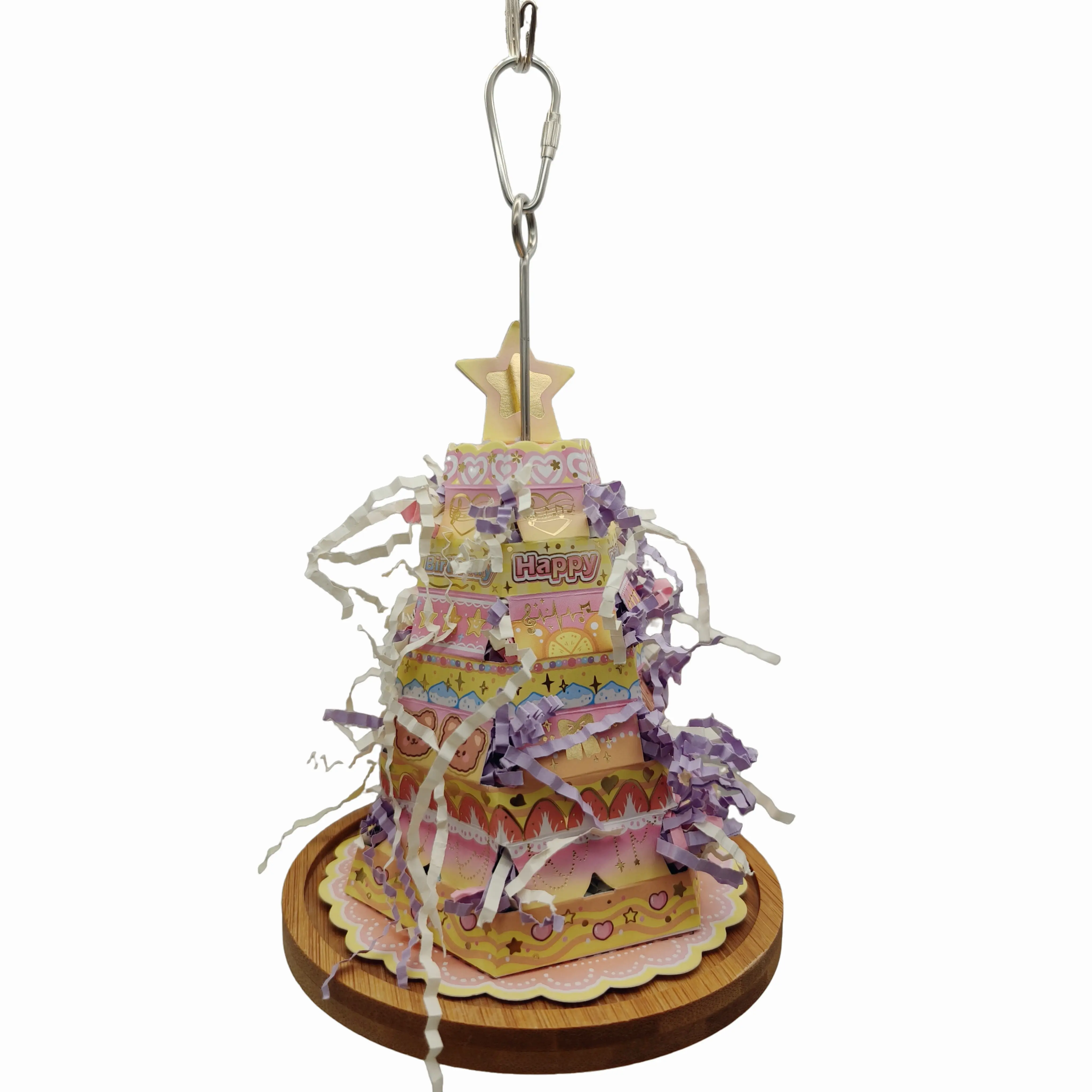 Birthday Cake Foraging Shredder Toy - Pop-Up DIY Celebration Center with Bamboo Tray & Kabob Skewer Cage Feeder for Parrots and Small Pets, Includes 30g Shredder Paper (Dia.5” x Height 9.5”)