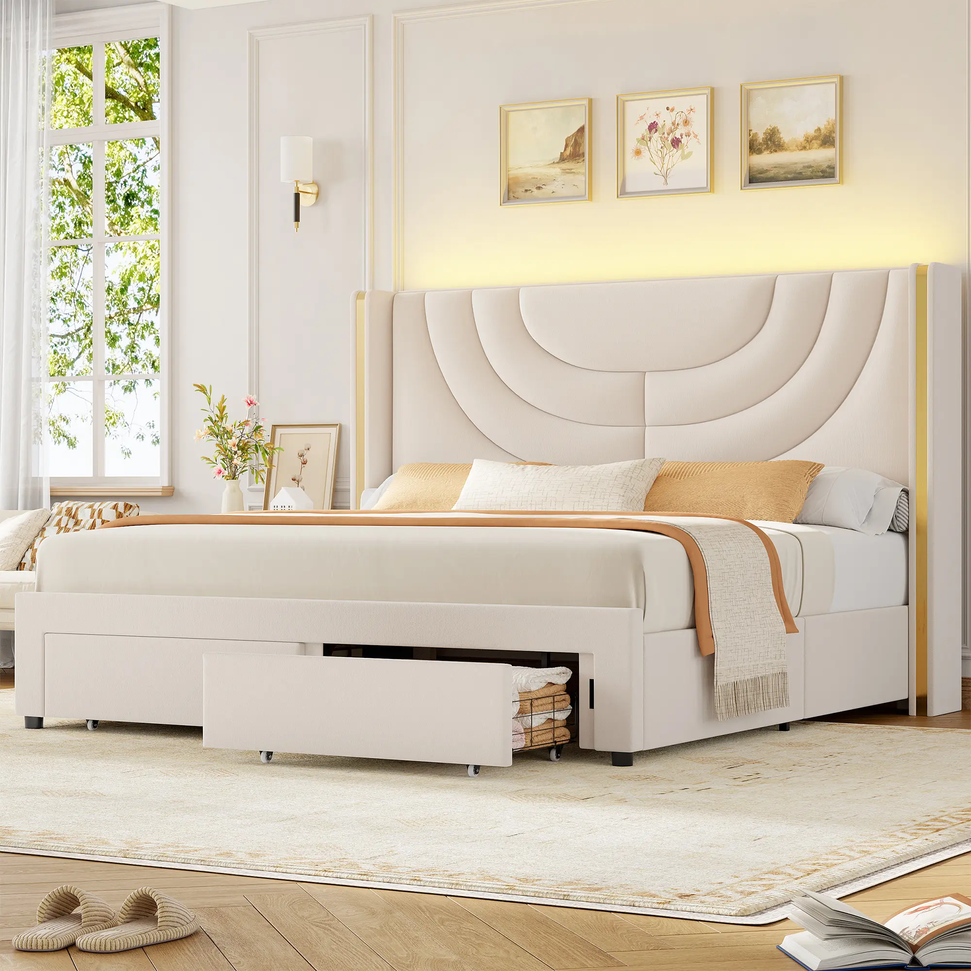 [No mattress] HOSTACK Upholstered LED Bed Frame with Storage Drawers, Wingback Headboard, Solid Wooden Slats Support, No Box Spring Needed, Headboard Splicing Design