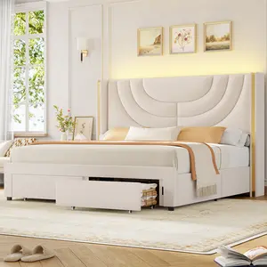 [No mattress] HOSTACK Upholstered LED Bed Frame with Storage Drawers, Wingback Headboard, Solid Wooden Slats Support, No Box Spring Needed, Headboard Splicing Design