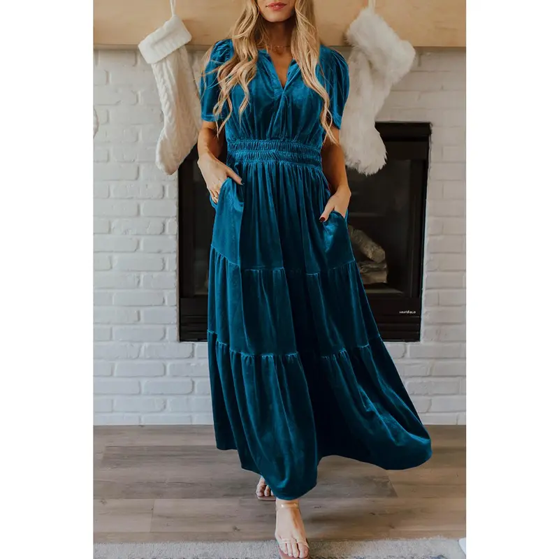 Prussian Blue Velvet Short Sleeve Shirred Waist Tiered Long Dress