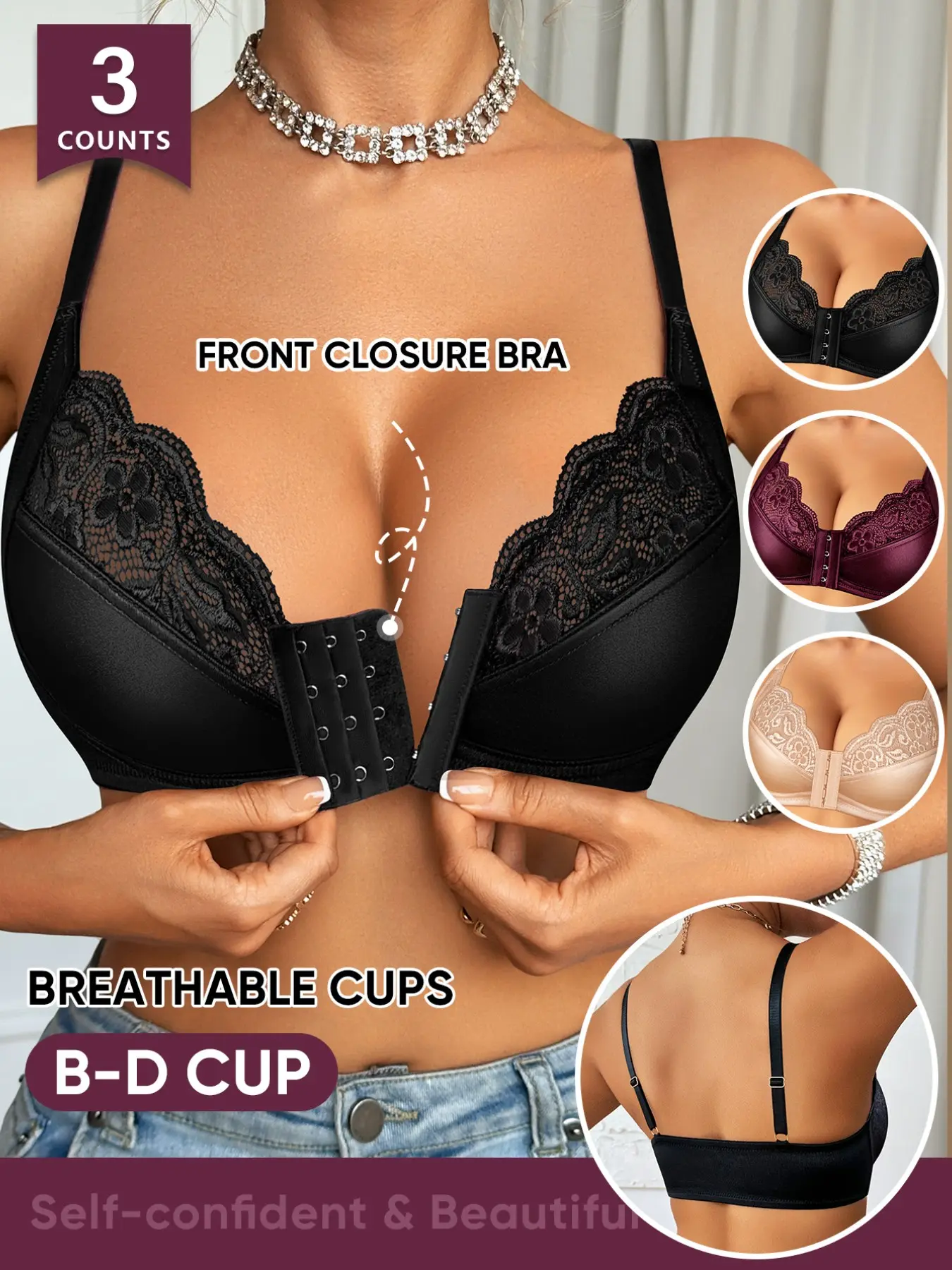 Morelect 3-Pack Front Buckle Ditsy Floral Lace Push-Up Bras, B-D Cup, Easy On-Off, Breathable, Medium Support, Non-Squeezing, Comfortable, All Seasons Lingerie Underwear, Fashion Bra
