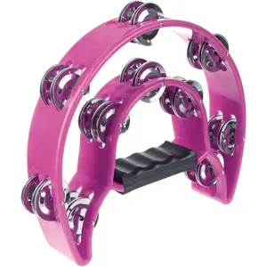 Half Moon Musical Tambourine Double Row Metal Jingles Hand Held Percussion Drum Multicolor (Pink) for KTV Party with Ergonomic Handle Grip
