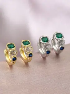 Vintage Colorful Gemstone Three-Color Ear Cuffs, Emerald Zircon Earrings, Luxurious High-Quality Commuter Jewelry