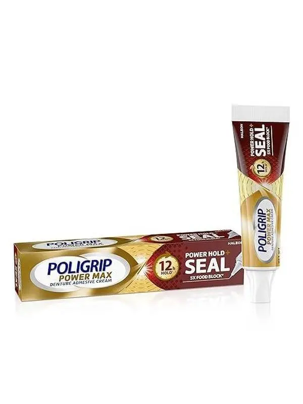 Poligrip Power Max Power Hold plus Seal Denture Adhesive Cream, Denture Cream for Secure Hold and Food Seal, Flavor Free - 2.2 oz