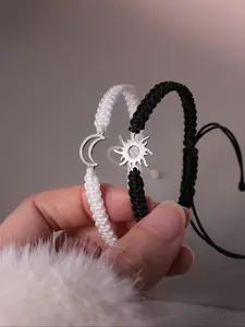 2-Piece Boho Style Handmade Bracelet Set, Stainless Steel & Polyester, Elegant Fashion Black Jewelry for All Occasions, Perfect Gift Idea