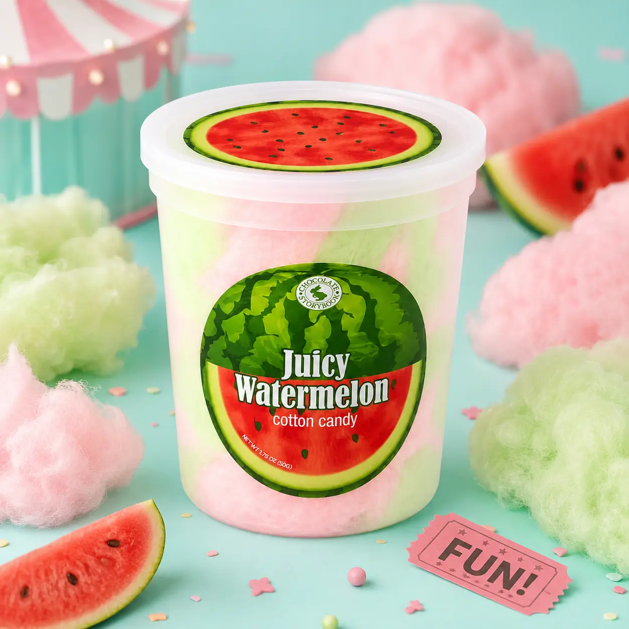 Juicy Watermelon-Flavored Fluffy Cotton Candy - 1.75oz Single Tub Fairy Tale Youth Novelty Candy, Fruity Sweet Snack, Spun Sugar