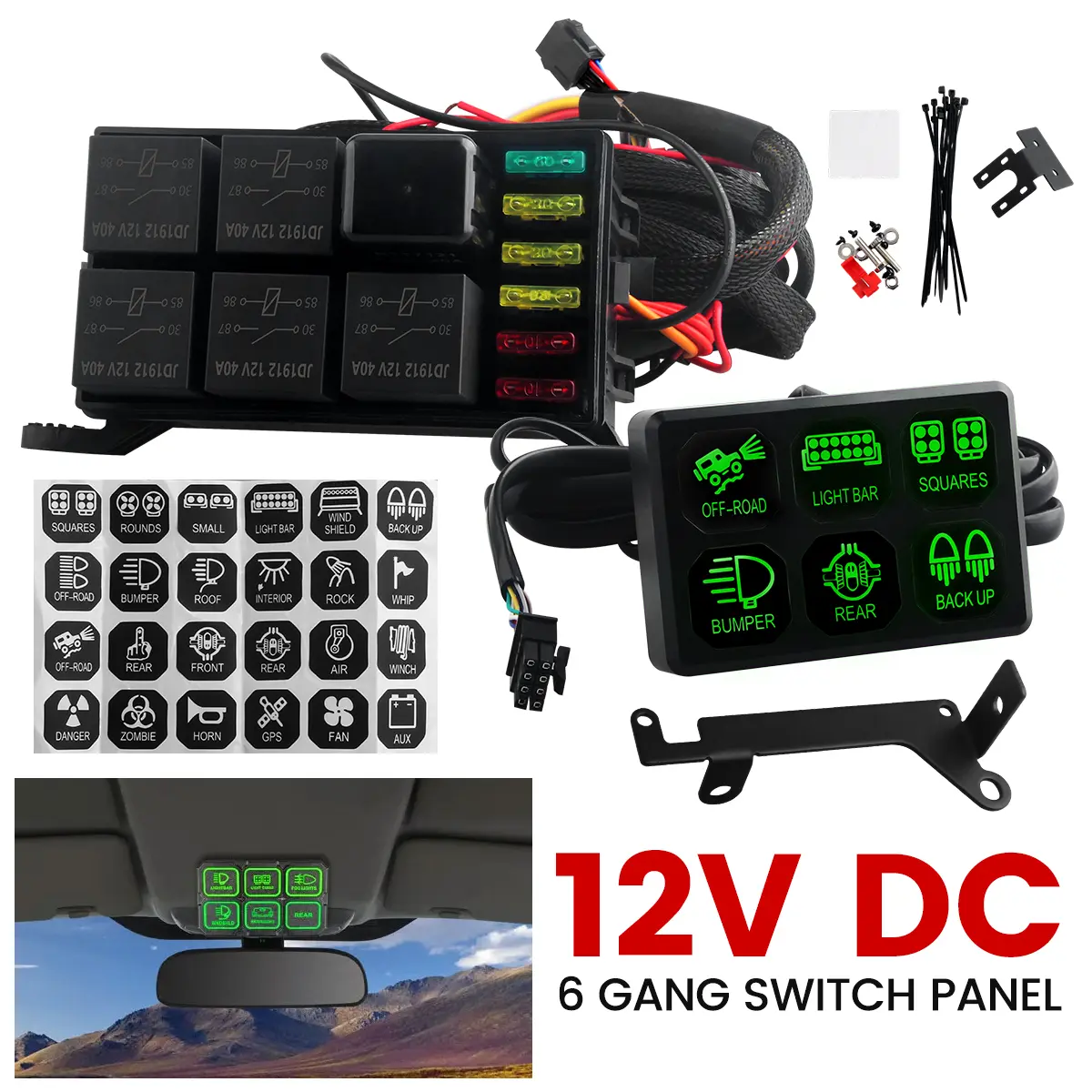 VASTFIRE 6-Gang Rocker & Push Button Switch Panel with Relay Control, Fuse Box, 960W 12V/24V 6x40A Circuits, Universal Fit for Car/RV, Overload Safety, Thermal Protection, Easy-Install Wiring Harness Kit, -40°C to +100°C LED Light Accessories