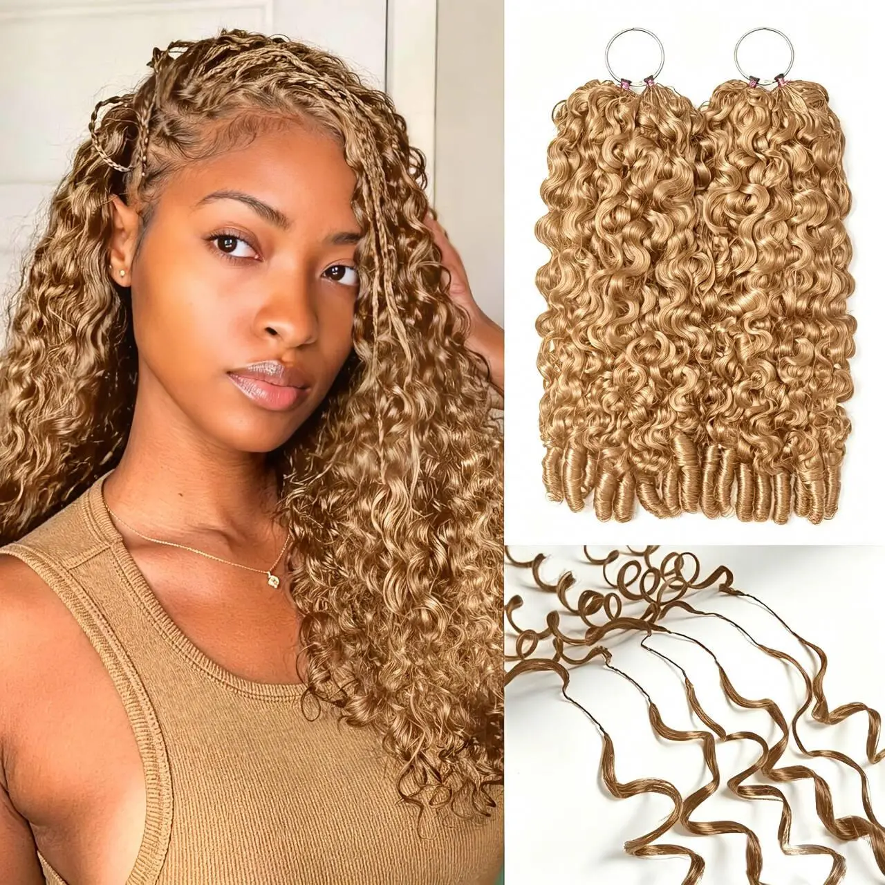 Honey Blonde #27 Burmese Curly Crochet Braid Hair Extensions For Miracle Knots Human Hair Feather Crochet Hair Extensions Pre- Separated Bulk Hair Extensions Burmese Curly For Braiding Honey Blonde Colored 1oo% Human Hair