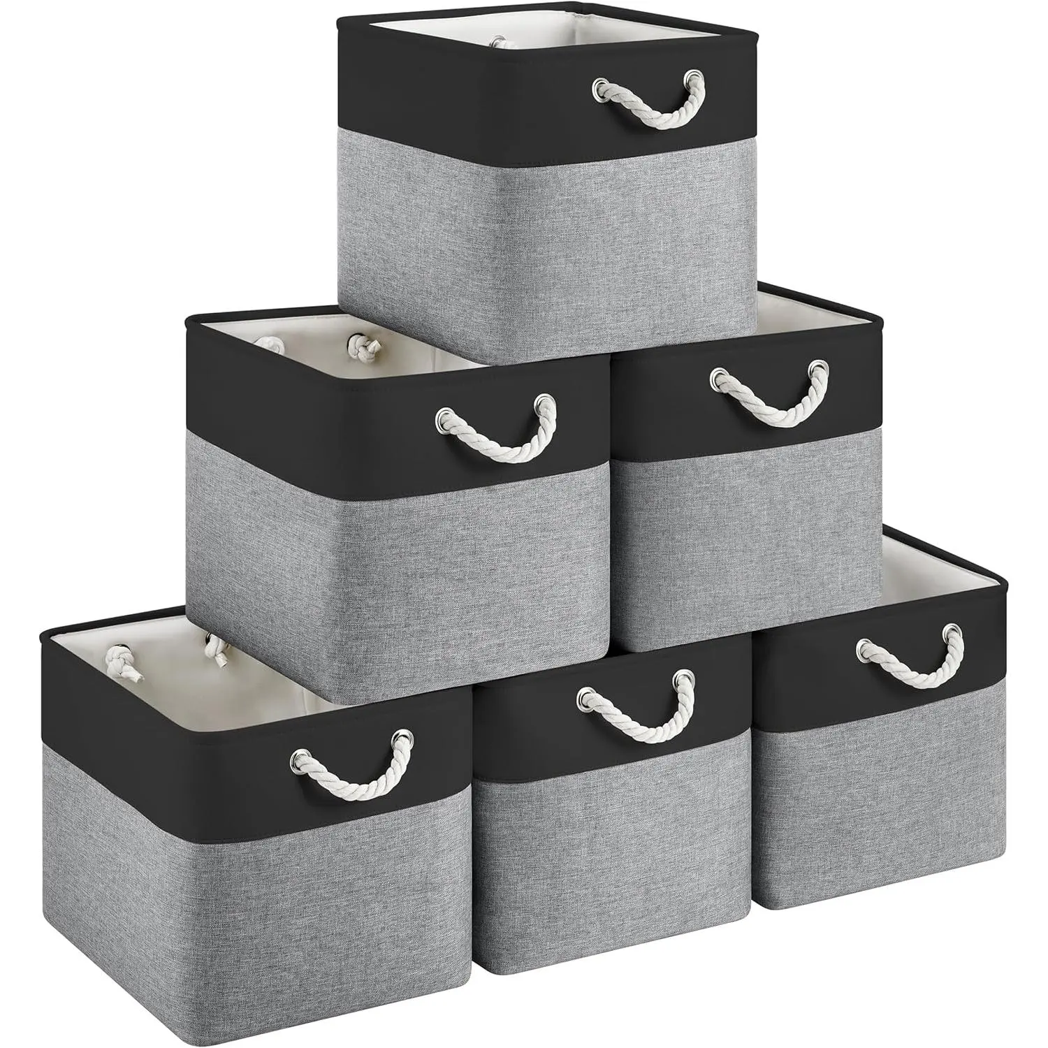 13x15x13 Storage Cube Bins, Heavy Duty Collapsible Fabric Storage Bins with Handles and Metal Frame, 6 Pack Large Closet Organizer Bins for Clothes, Socks, Towels, Black Grey