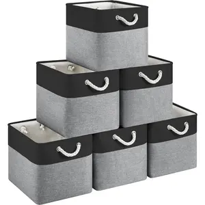 13x15x13 Storage Cube Bins, Heavy Duty Collapsible Fabric Storage Bins with Handles and Metal Frame, 6 Pack Large Closet Organizer Bins for Clothes, Socks, Towels, Black Grey
