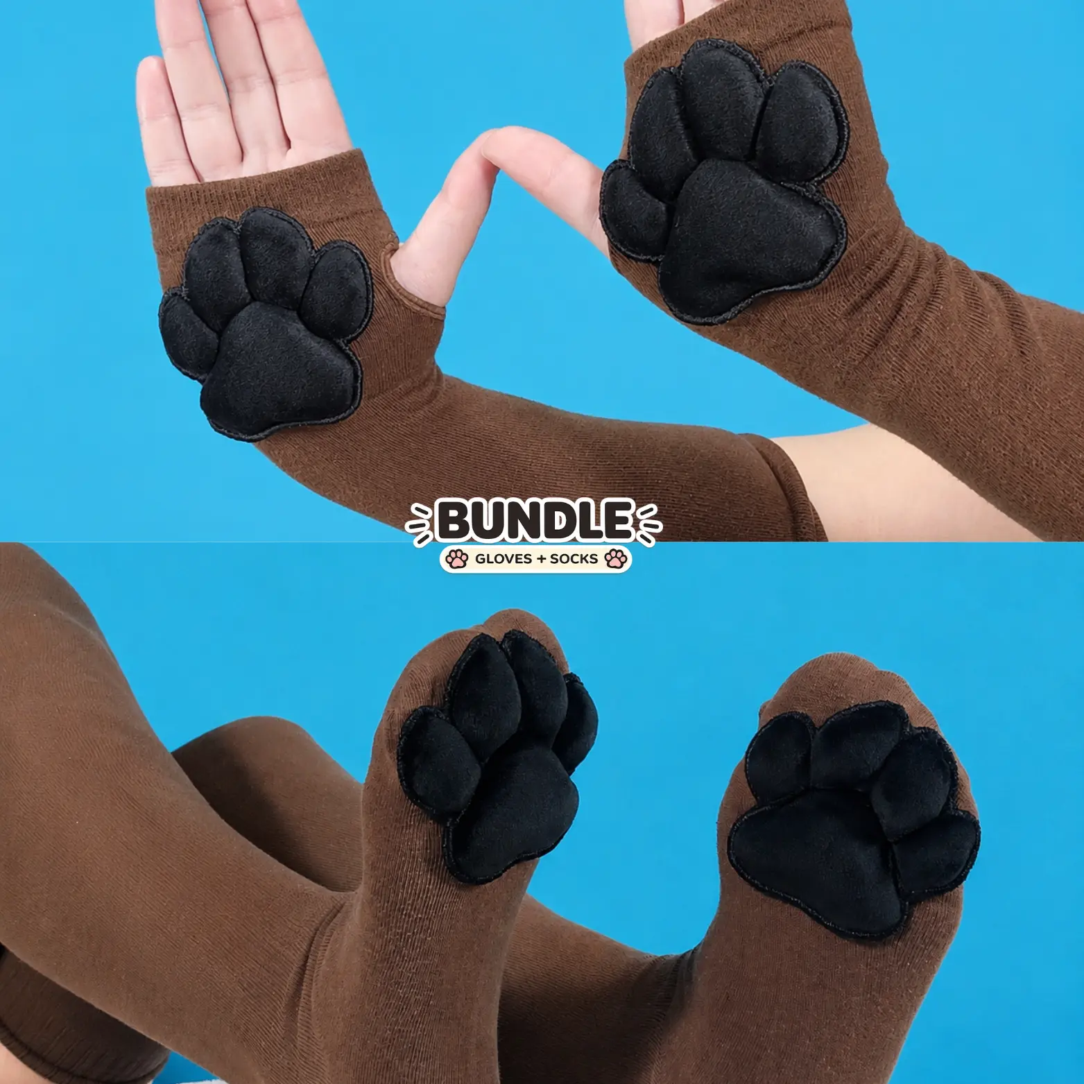 Brown Thigh High Cat Paw Socks & Glove Set– Black Plush Paw Pads