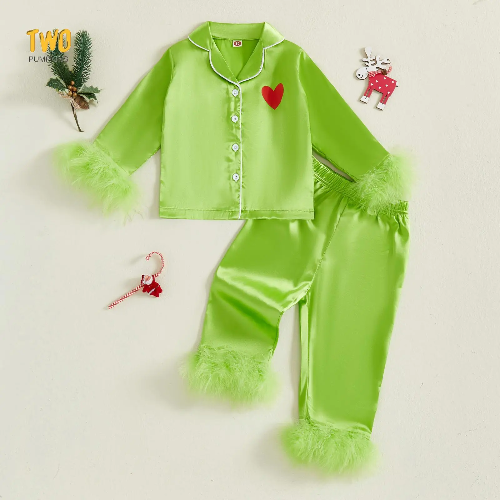 Kid Christmas Satin Pajamas Set Heart Print Feather Trim Long Sleeve Lapel Button Down Tops With Elastic Waist Pants Feather Cuffs Sleepwear
